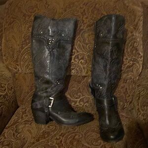 Muro Unique leather tall knee Gray Leather Studded Buckle Harness Moto Boots 9